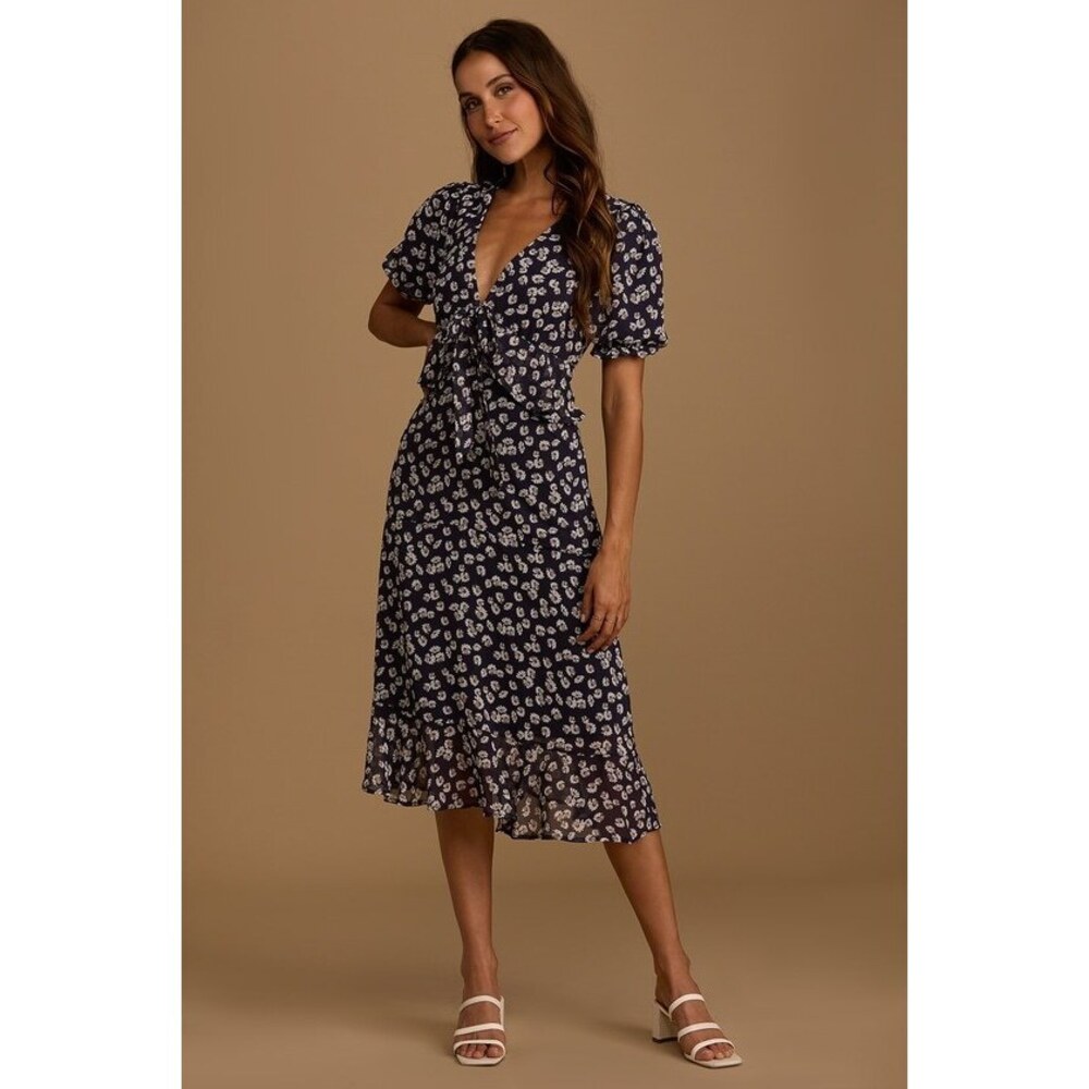 Lulus Anything Lovelier Navy Blue Floral Print Tiered Midi Dress - Size XS
